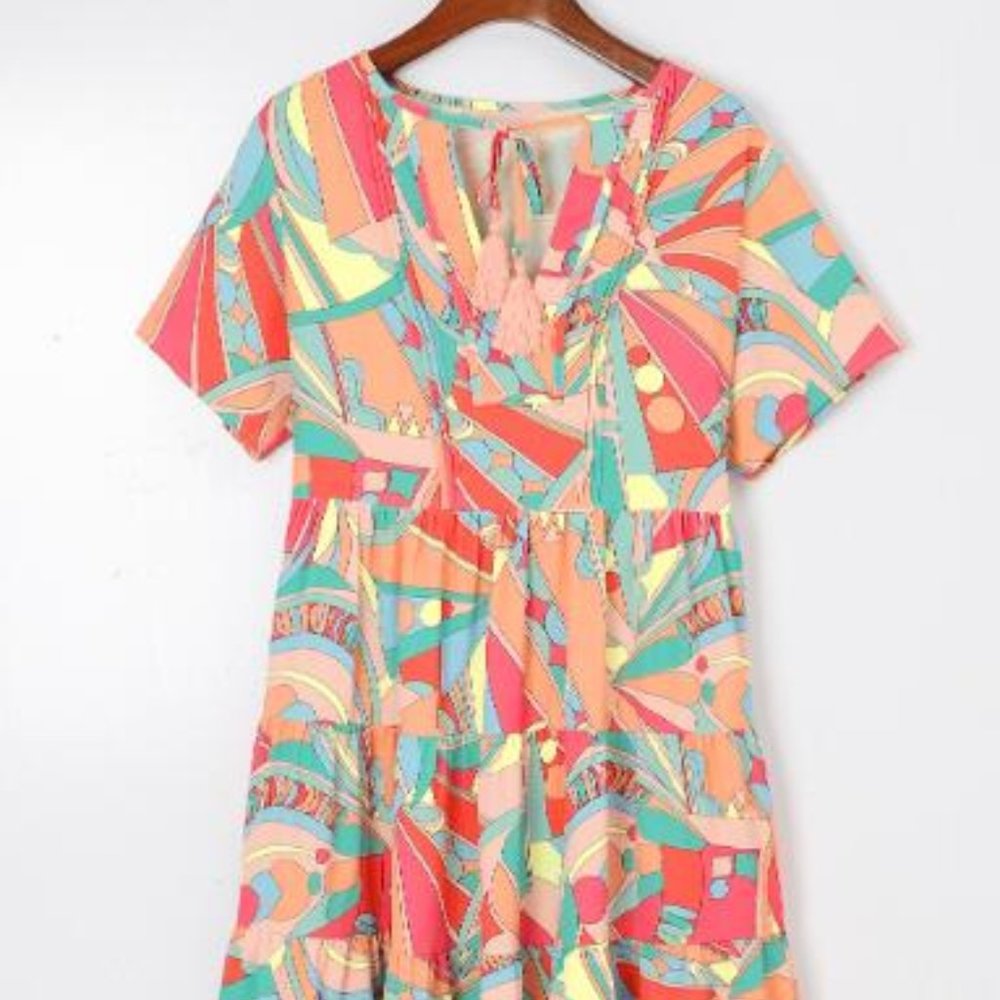 Multicolor Abstract Geometric Print Tassel Tie Flared Dress